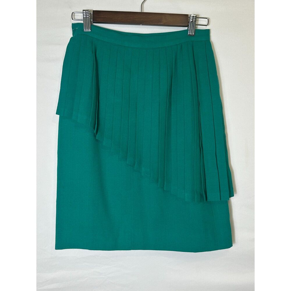 Claude Bert Vintage Green Fully Lined Pencil Skirt Size S Asymmetrical Pleats - Picture 5 of 5